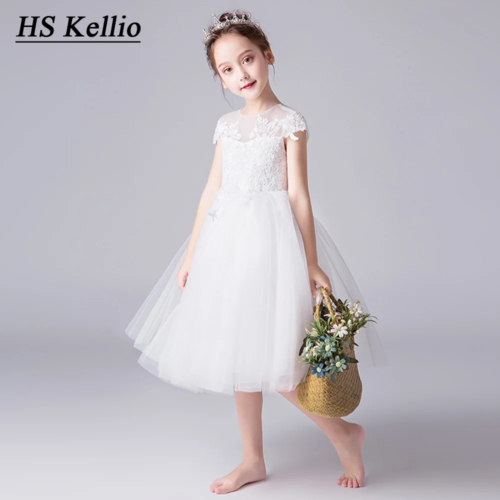 

First Communion Dresses Off White Flower Girl Dress Tea Leangth Lace Appliques