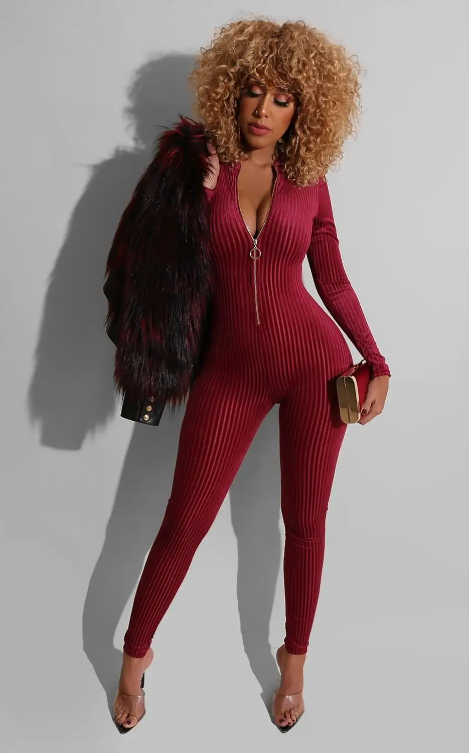 European and American Summer New Sexy Casual Women's Wear Round Collar Long Sleeve Zipper Tight Sports Trousers Bodycon Jumpsuit