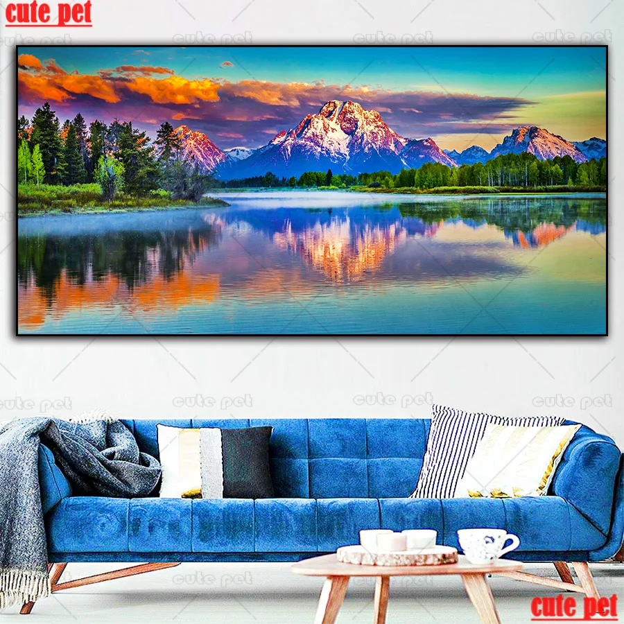 Pittura Diamante Punto Croce Moran Mountain Snake River Forest Scenario Grande Diamante Rotondo Ricamo Strass Puzzle Decor