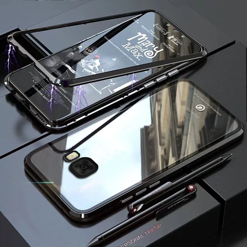 Чехол YonLinTan Coque для Samusng Galaxy C7 C9 Pro C7Pro C9Pro Металлическая магнитная рамка адсорбционные чехлы из закаленного стекла - Цвет: black
