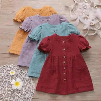 

Toddler Infant Baby Girl Solid Dress 1-6Y Fly Short Sleeve Button Dress Tops Outfit Summer Cotton Clothes