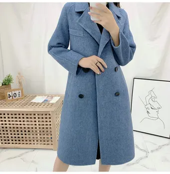 

Haze blue herringbone double sided cashmere coat women's fall winter 2020 double breasted woolen woolen coat long winter coats