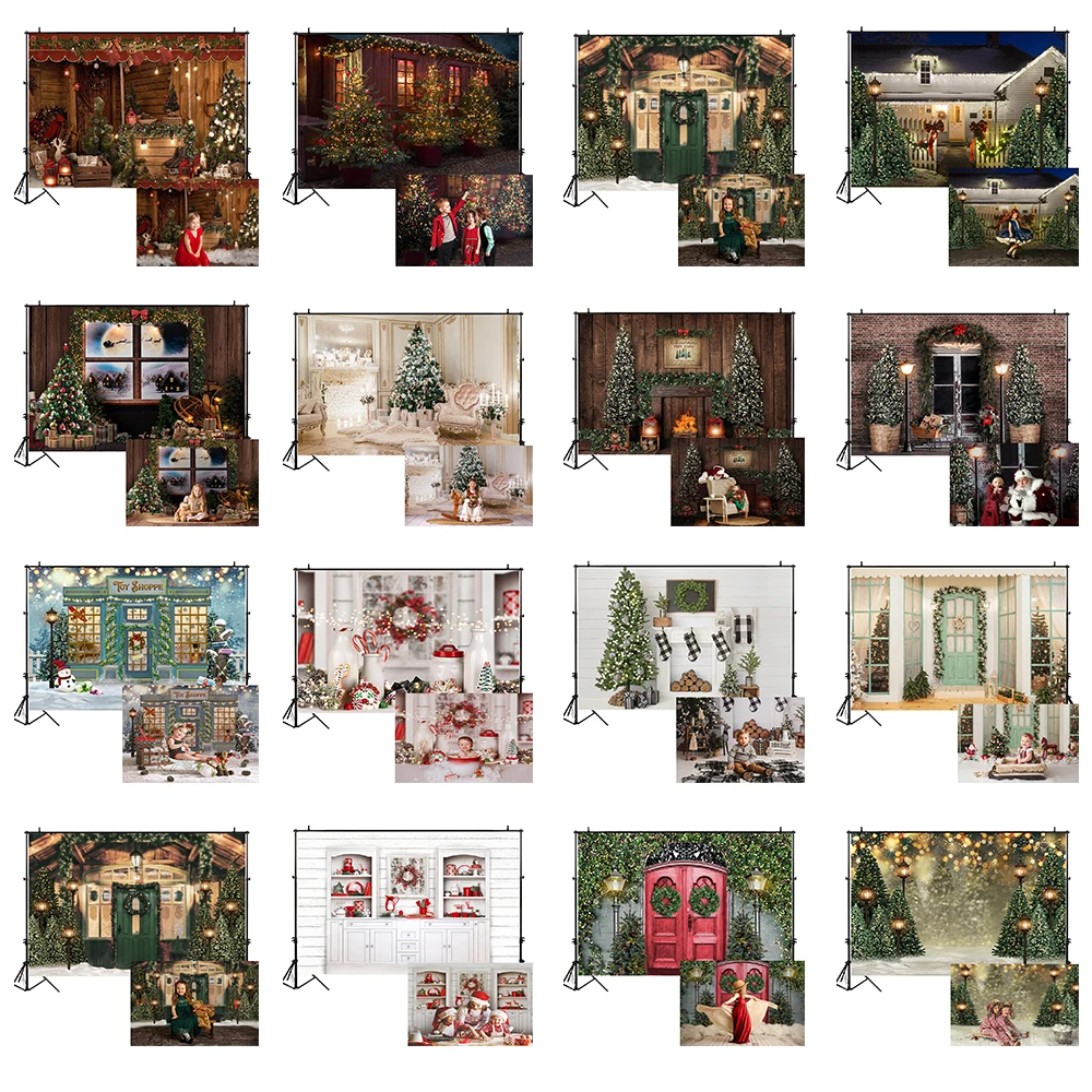 

Mocsicka Christmas Backdrop Winter Snow Fireplace Child Portrait Photography Background for Photo Studio Window Door Xmas Tree