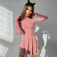 

Autumn Women New Clothing High Neck Pullover Sweater Pure Color Slim Short Skirt Fashion Long-sleeved Knitted Dress A Line Dress