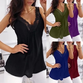 

Plus Size Summer 2020 Fashion Women Tank Tops V-Neck Sleeveless Casual Lace Tops Women Clothes Bottoming Vest Shirt Sexy Tops