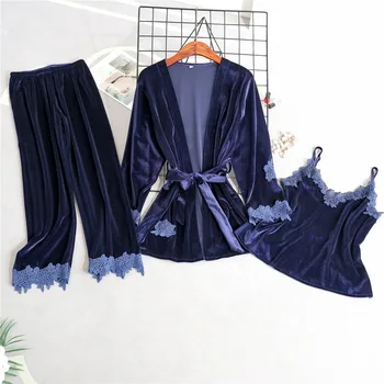 

Casual Lounge 3PCS Pajamas Lady Pijamas Suit With Lace Sexy Intimate Lingerie Sleep Set Strap Shirt&pants Velvet Home Wear Belt