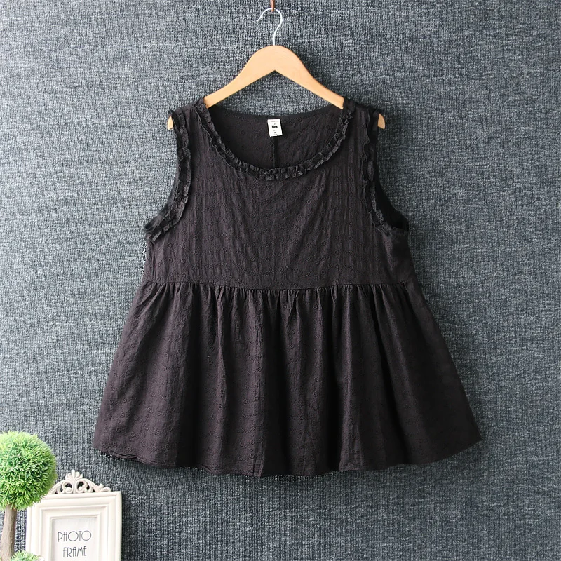 New Summer Mori Girl Lace Embroidery Loose Bottoming Vest O-Neck Sleeveless Literary Vintage Cotton Tank Tops Women - Цвет: Black