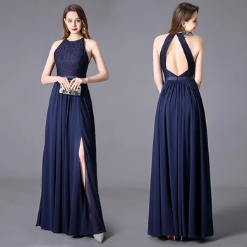 

Evening Dress Long Dress Plus Size A Line Halter Floor Length Sleeveless Jersy Zipper Open Back Split Front Navy