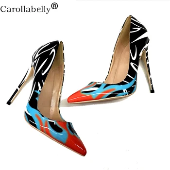 

Graffiti Colorful Pointed Toe Sexy High Heels Bright Printed Patent Leather Women Pumps Dress Shoes12cm Big Size
