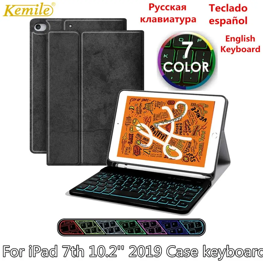 Испанская русская клавиатура с подсветкой чехол для iPad 7th 10,2 W Карандаш держатель чехол для iPad 7th испанская Русская клавиатура
