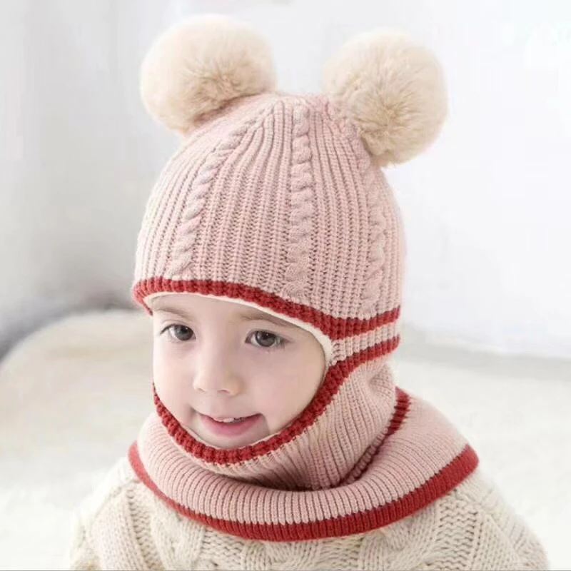 

Pompom Balls Baby Winter Velvet Ear Cap Kids Autumn Hooded Hat Neck Warmer Cap Photography Prop Hats for Boys Girls
