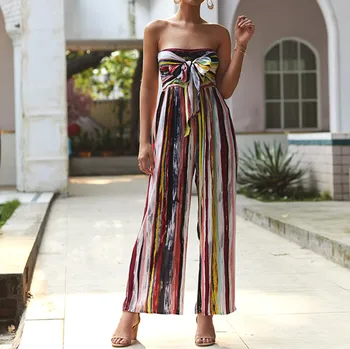 

Stripe Print Long Jumpsuit Women Summer Casual Contrast Sleeveless Jumpsuit Sexy Front Lace Up Wide-leg Jumpsuit D30