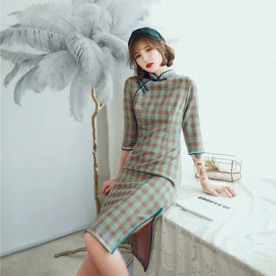 SHENG COCO женское клетчатое кружевное платье Cheongsam современная мода маленькое свежее платье винтажное китайское с длинным рукавом Ретро Qipao сексуальное тонкое - Цвет: Green Plaid suede