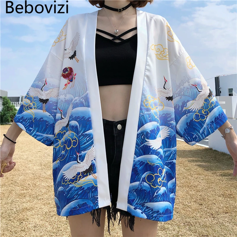 

Bebovizi Japanese Crane Printed White Kimono Women Harajuku Hip Hop Fashion Casual Streetwear Jacket Summer Cardigan Men Yukata