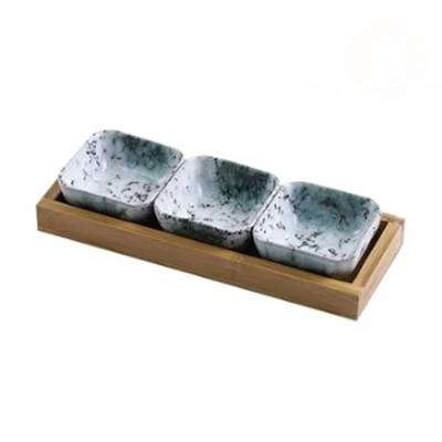 Японский стиль керамический Банкетный контейнер для закусок Фруктовая тарелка набор тарелок для сухофруктов и конфет миска для торта с деревянным поддоном - Цвет: 3 bowls-1