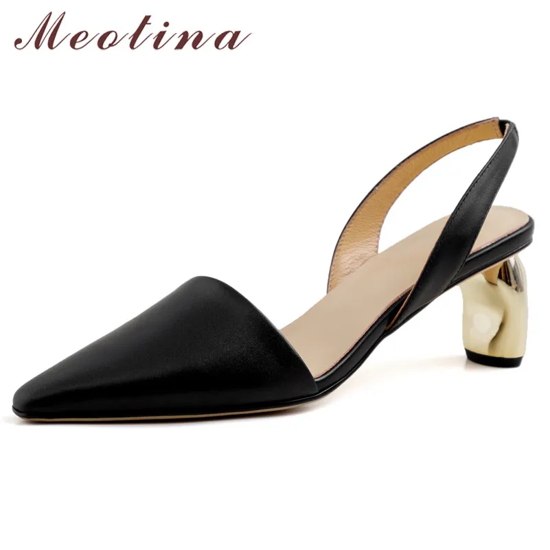 

Meotina High Heels Women Slingbacks Shoes Genuine Leather Strange Style High Heel Shoes Cow Leather Square Toe Pumps Lady 34-40