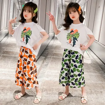 

New Fashion Teens Summer Clothing Baby Kids Girl Leaf Print Short Sleeve T-shirt Tops + Casual Pants 2Pcs Outfit Clothes Set