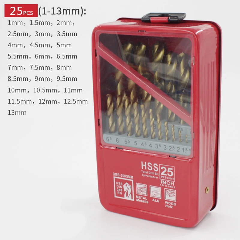 FINDER 13/19/25PCS 1.0~13mm HSS Ti Coated Drill Bit Set For Metal Woodworking Drilling Power Tools Accessories In Iron Box