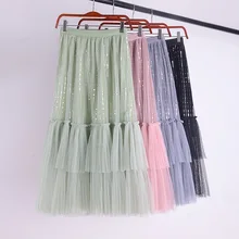 Осенне-зимняя Гибкая эластичная юбка миди с высокой талией, плиссированная многослойная фатиновая юбка с блестками, женские юбки saia saias
