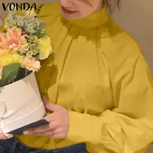 

Casual Solid Blouse VONDA Women Mock Neck Pleated Tops Autumn Long Sleeved Bohemian Blusas Femininas OL Office Formal Shirts