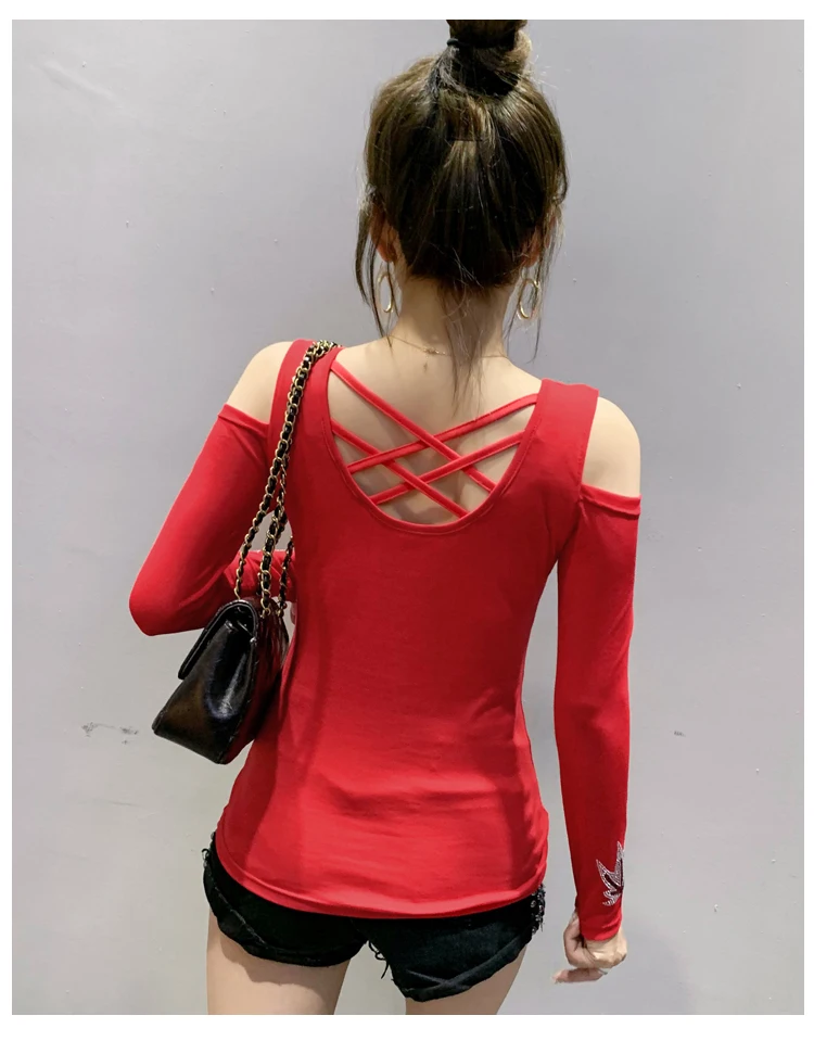 2020 Autumn long sleeve women t-shirt Sexy off the shoulder hot drilling women tops and shirt plus size women clothing