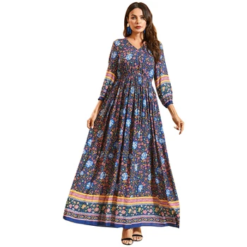 

Bohemian Long Dress Women Floral Print Maxi Party Gown Muslim Abaya Dubai Kaftan Islamic Clothing Robe Jilbab Caftan Turkish New