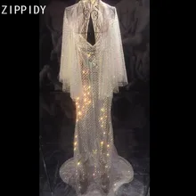 Мигающее многоцветное Прозрачное платье с блестками, бар DS, женская одежда для пения, танцевальное платье, день рождения, празднование, длинное платье