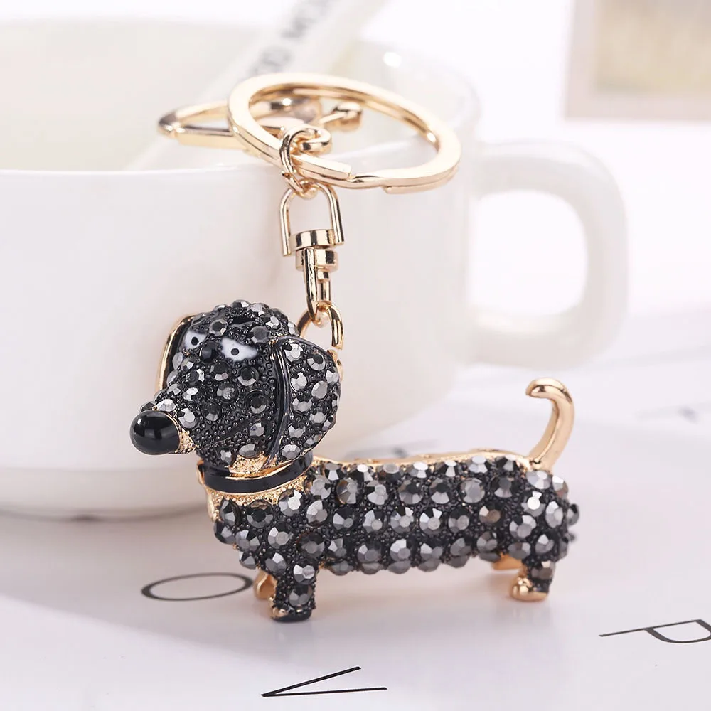 Rhinestone Crystal Keychain Girl Gift Animals Dachshund Keychain Women Pendant Keys Chain Trinkets for Bag Jewelry chaveiro - Цвет: Черный