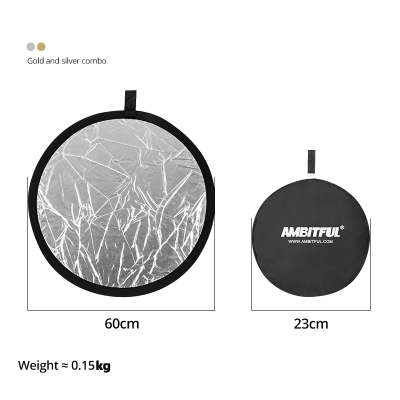 Photography Reflector 60cm 2 in 1 Gold and Silver Collapsible Light Round Photography Reflector Fill Light Board for Studio