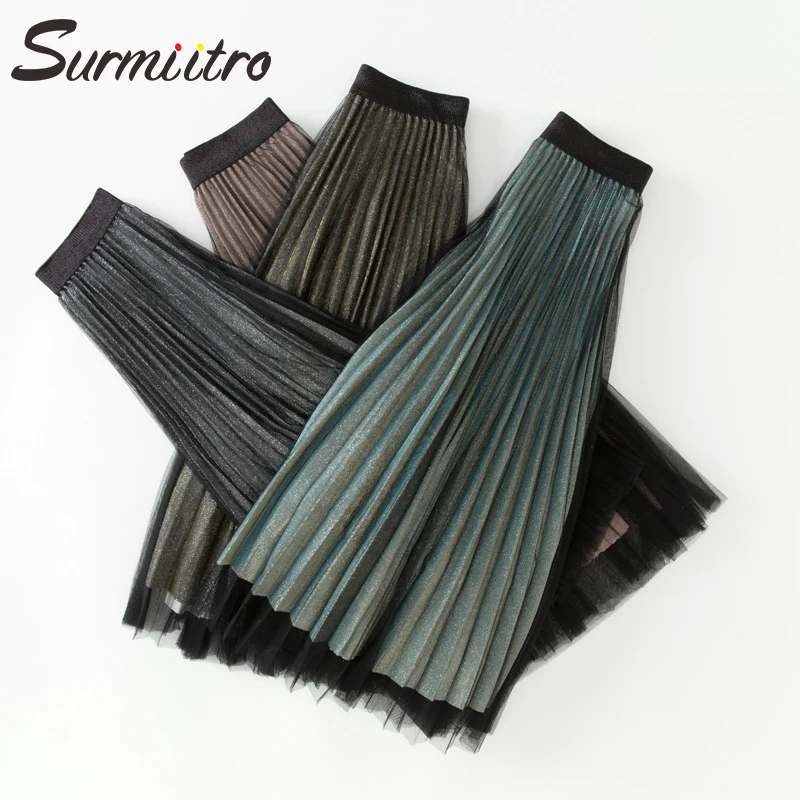 Surmiitro Shiny Pleated Long Tulle Skirt For Autumn Winter 2019 Ladies Korean High Waist Black Green A Line Maxi Female | Женская одежда