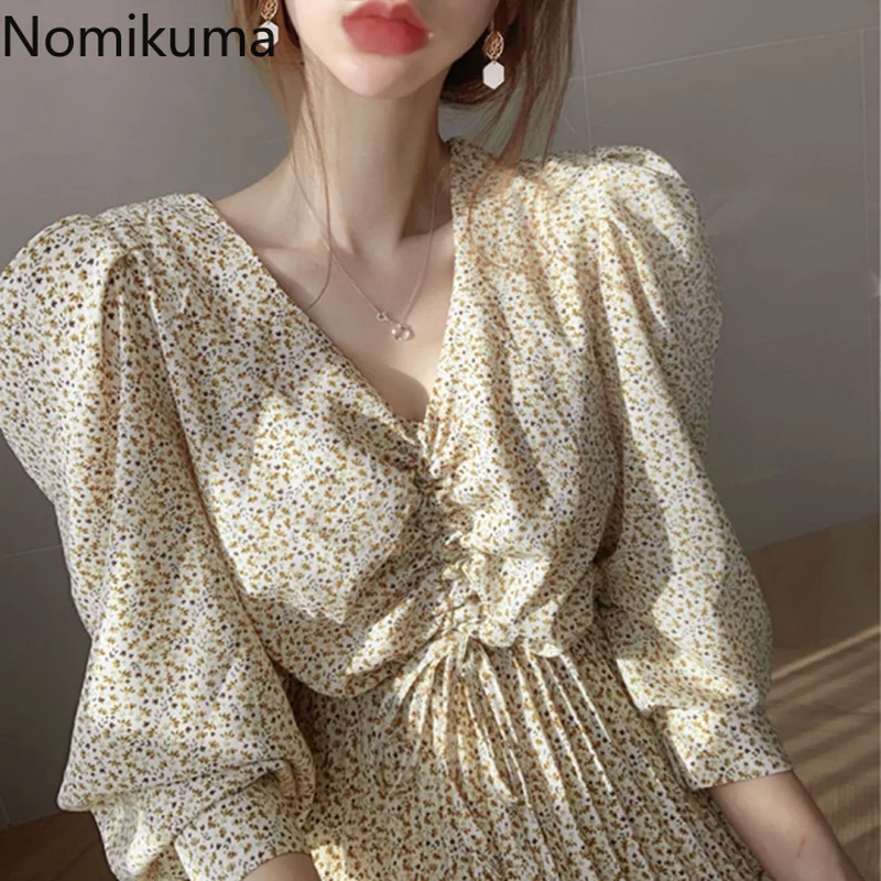 Женское платье с цветочным принтом Nomikuma v-образным вырезом и длинными