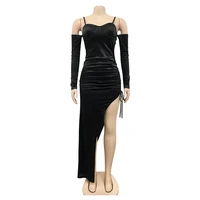 Sexy WoSolid Strap Side High Slit Maxi Dress Ladies Off The Shoulder Bodyconwear Long Dress