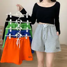 Shorts feminino de verão, cintura alta, cordão elástico, bordado, carta, streetwear feminino, casual, folgado, moda esportiva, novo 2021
