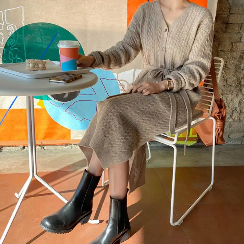

2020 Women Sweater Dress Korean V-neck Single-Breasted Belt Knitted Long Dress Autumn and Winter Elegant Office Ladies
