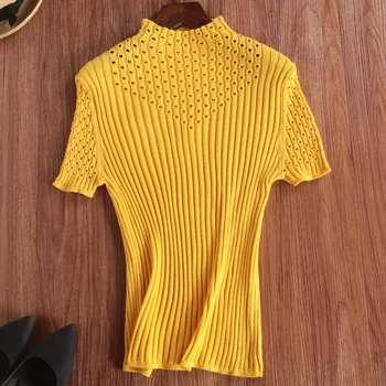 

2020 Spring and Summer Slim Hollow Knitted Cashmere Sweater Women Short Sleeve Half Turtleneck Pullover T-Shirt Tight T-Shirt