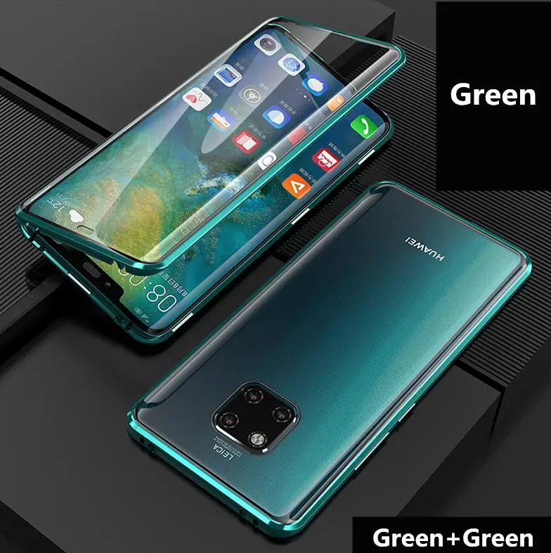 Зеленый Для huawei mate 20 pro Чехол на магните спереди+ сзади 360 адсорбционный металлический чехол из закаленного стекла для huawei mate 20 - Цвет: Зеленый