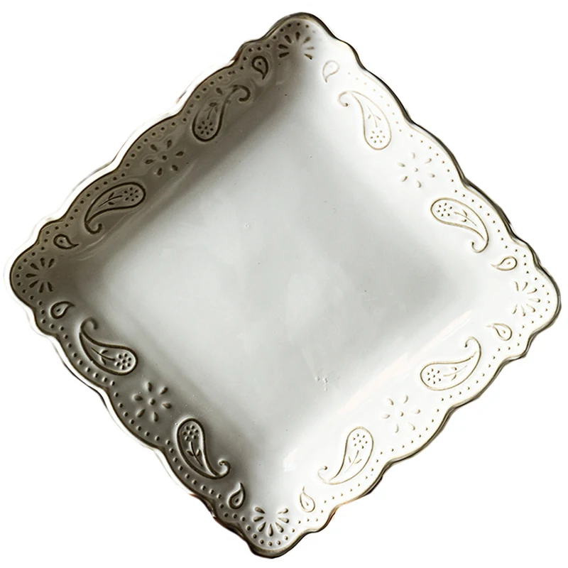 Antique Relief Ceramic Dinner Plate Set Porcelain Main Dish Serving Tray Dessert Salad Dishes Tableware For Restaurant Home Cafe