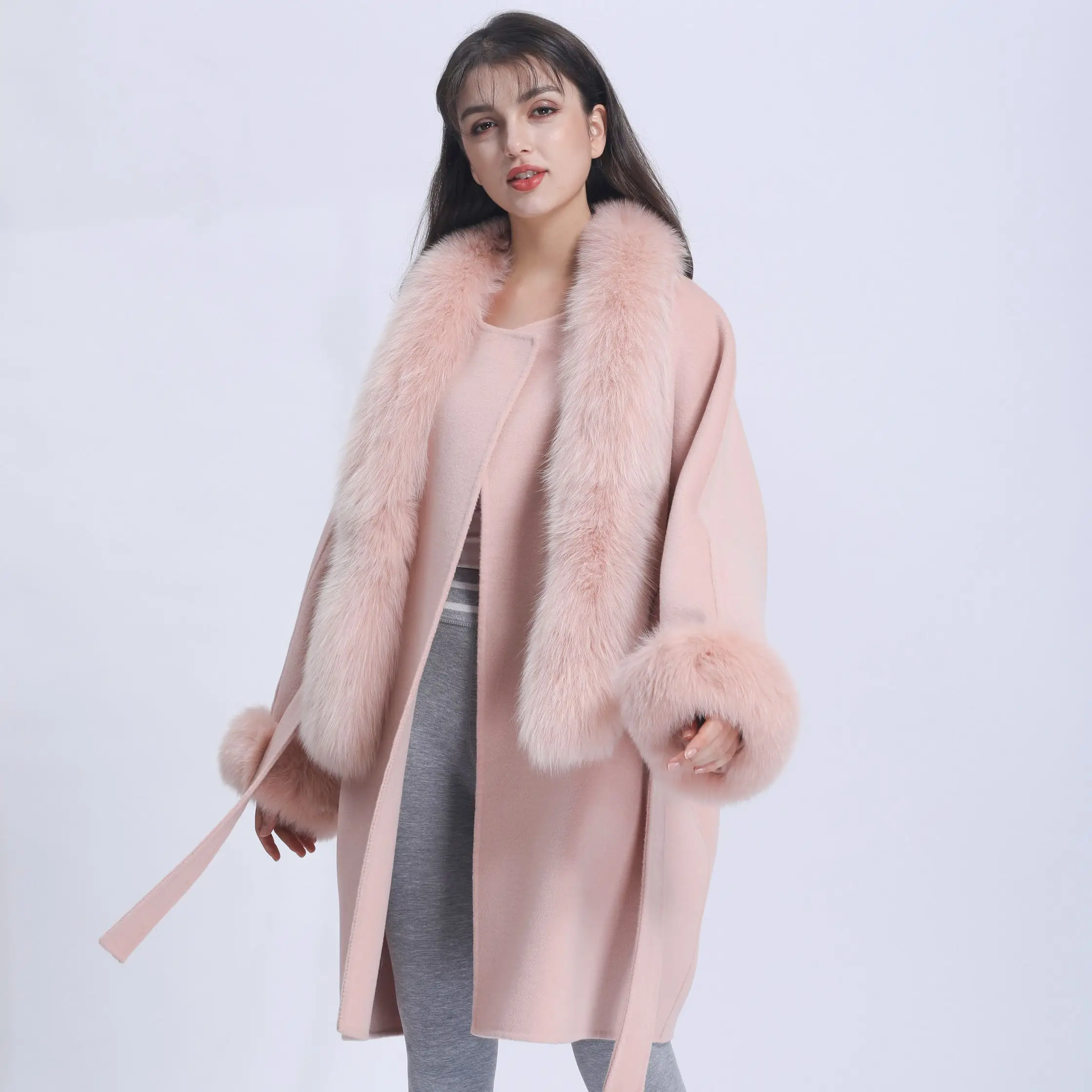

Новинка 2021, женское кашемировое пальто, меховой шарф, длинное теплое элегантное шерстяное длинное пальто с меховыми манжетами