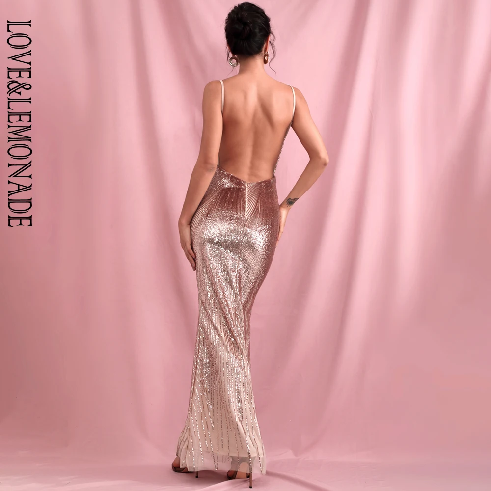 LOVE&LEMONADE, сексуальное, розовое, золотое, с глубоким v-образным вырезом, геометрические, с блестками, облегающее, открытая спина, рыбий хвост, вечерние, макси платье, LM81225-1