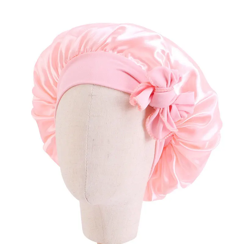 Kids Satin Solid Color Sleeping Hat Night Sleep Baotou Cap Cute Bow Elastic Hair Care Bonnet Nightcap Bonnet Turban Headwear