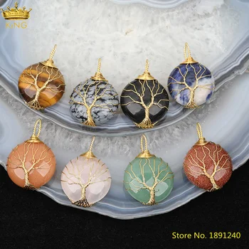 

5pcs 25X37mm Tree of Life Crystal Pendant,Gold Wire Wrapped Black Agates Round Charms For DIY Necklace Jewelry Making DSS-256KBH