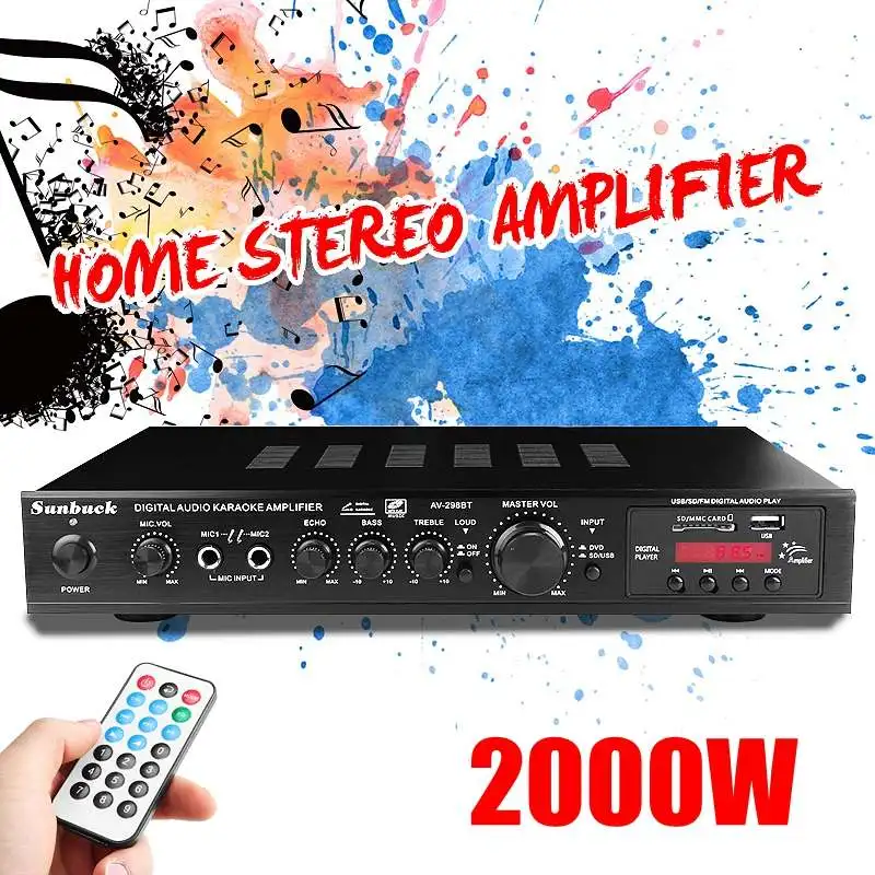 Sunbuck High Resolution Amplificador Bluetooth Digital Amplifier Stereo LED USB AV Power Surround 298BT Audio Player Subwoofer 1
