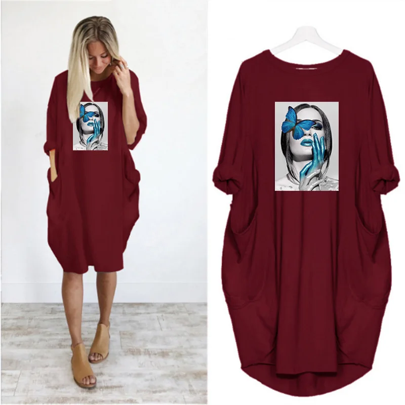 Plus Size Nordic Art Dress Butterfly Girl Cool Women Midi Dresses O-Neck Autumn Thin Long Sleeve Pockets Loose Party Vestidos