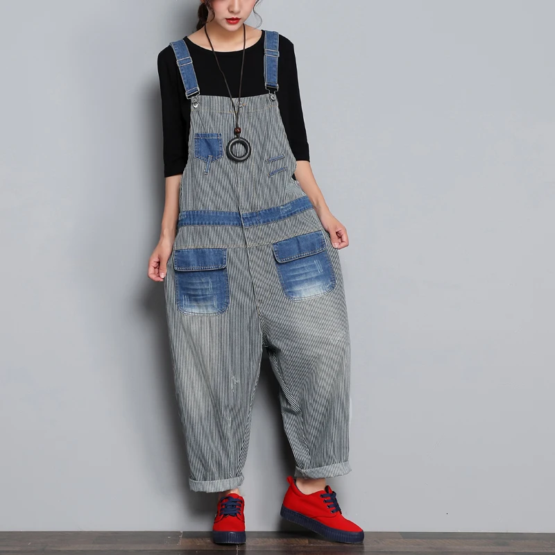 

Baggy Bib jean Overalls Striped Contrast Color drop crotch Trousers Wide Leg Denim Jumpsuits patchwork Pockets Cowboy Coveralls