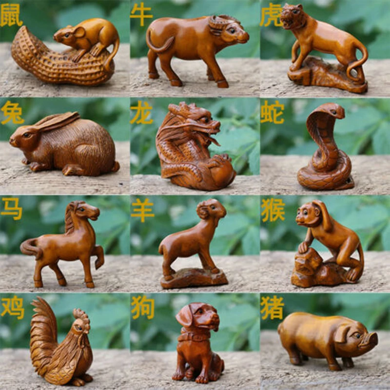 CQ002-набор из 12 шт. 2-дюймовых резьбовых Самшит Netsuke для домашнего декора-12