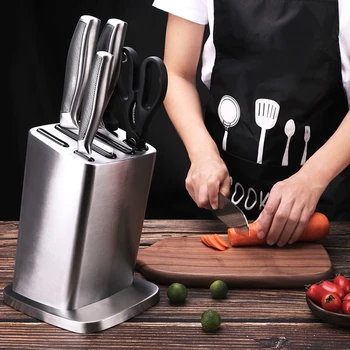 

6-Slots Kitchen Knife Block Anti-skid Stainless Steel Holder Scissor Storage Rack Tilt Style Inserted Knife Organizer for Home