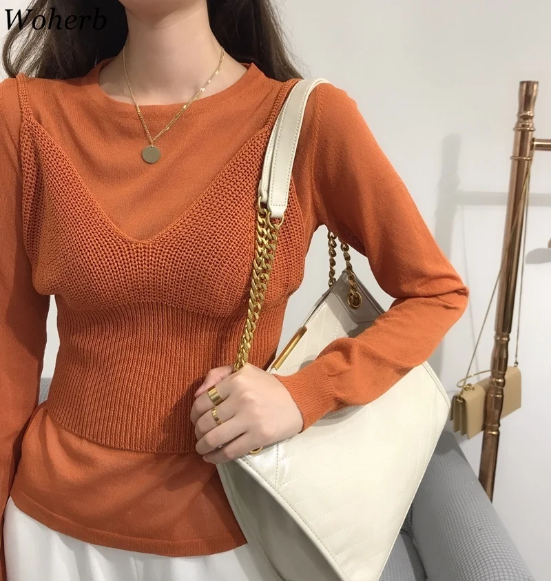 

Woherb Korean Two Pieces Set Women Sweater and Vest Knitted Pullovers Top 2020 Spring Autumn New Clothes Pull Femme Sueter Mujer