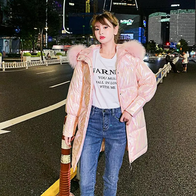 Bright White Winter Jacket Women New Hooded Fur Collar Long Winter Parkas Thicken Cotton Padded Coats Casual Women Jacket