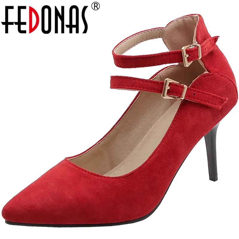 

FEDONAS New Retro Women Suede Leather Prom Wedding Pointed Toe Brand Shallow Supper High Heeled Slip On Shoes Woman Size 3-13