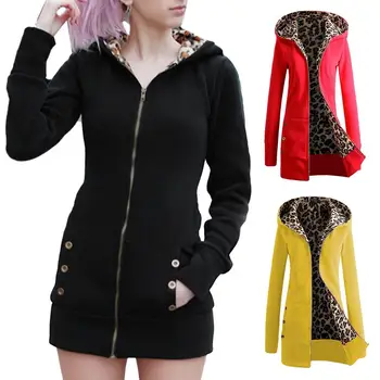 

Fashion Autumn Winter Women Zipper Hooded Jacket Solid Color Leopard Long Sleeve Coat Nylon/ Polyester Size S-3XL Women's Coat